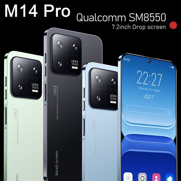 M14 Pro Android Smartphone Tact Scran Color Screen 4G 8 Go RAM 64 Go 128 Go 256 Go Rom 7,3 pouces HD + Écran Smart Wake Gravity Sensing Prise en charge pour plusieurs