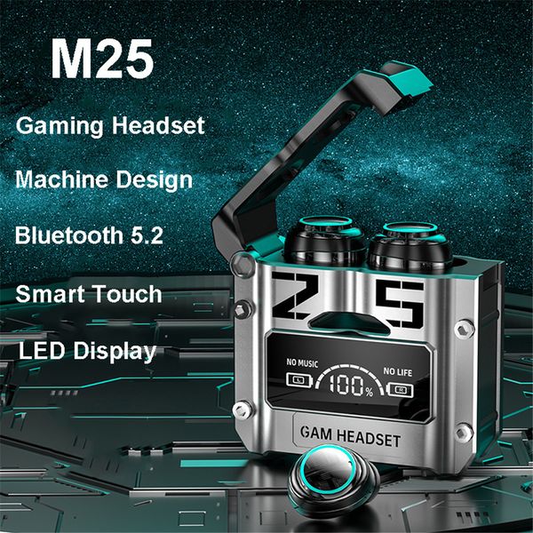 M25 Mecha TWS coque de peinture par pulvérisation en métal véritable casque sans fil Bluetooth ENC écouteur stéréo jeu musique écouteurs casque LED affichage numérique Sport écouteurs