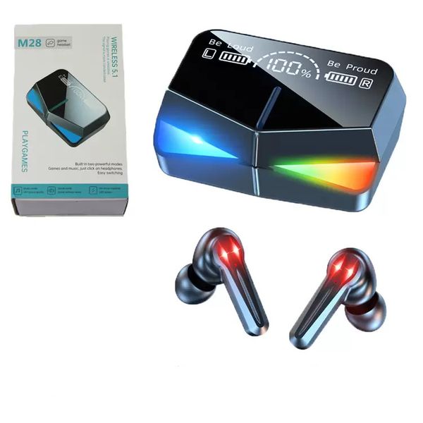 M28 Gaming TWS Écouteurs Lumière colorée Miroir clair Écouteurs antibruit Casques sans fil avec micro Bass Sound Sports 2000mAh Power Bank Boîte de chargement