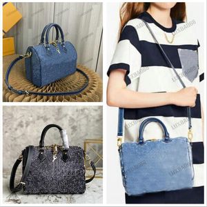 Marineblauw ZWART Denim Speedy Bandouliere 25 Stof Schoudertas Vrouwen Plunjezak Met Hangslot Jacquard CrossBody Designer Boston Tassen M59609