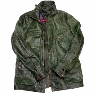 M65 veste en cuir pour hommes peau de cheval coupe ajustée multi-poches Amérique rétro décontracté Safari manteau moto mâle vêtements 46r1 #