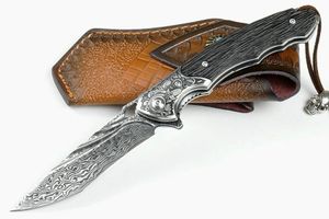 M6682 Damascus flipper vouwmes 3,46 inch druppelpunt mes snijstalen kop met ebbenhouten handgreep buiten camping wandel tactische pocket messen