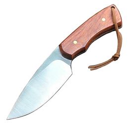 M6691 Survival Rechte Mes 7Cr13Mov Satijn Drop Point Blade Volledige Tang Palissander Handvat Vaste Mes Messen Lederen Schede