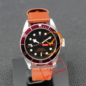 M7941 A21J Automatische heren Watch 41 mm Red Bezel stalen kast Zwarte wijzerplaat Goud Wit Markers Bruin Lederen Riem Sport Watches Reloj Hombre Montre Hommes Puretime Pttdddd