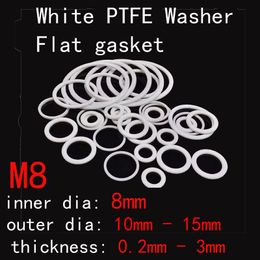 M8 White PTFE Renque plate à plat Point rond Spaceur Scellant anneau de scellage 8 mm Diamètre intérieur 10 mm-15 mm Dia 0,2 mm-3 mm d'épaisseur