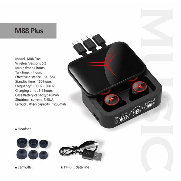 M88 Plus écouteur sans fil TWS casque longue durée de jeu écouteurs LED affichage casque avec 3 câble de charge