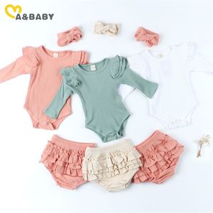 MaBaby 0-18M Nouveau-né Bébé Filles Vêtements tricotés Ensemble doux à manches longues Romper Ruffles Shorts Bloomer Automne Hiver Tenues 210317