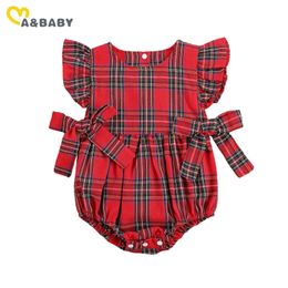 Mababy 0-24 M Kerstmis Baby Meisjes Romper Pasgeboren Zuigeling Baby Rode Plaid Bow Jumpsuit Mouwloze Xmas kleding 210312