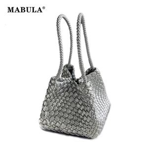 MABULA 2 pièces ensemble argent femmes tissé PU cuir poignée supérieure sac à main mode carré panier de légumes pour Shopper haute qualité sac à main 240328