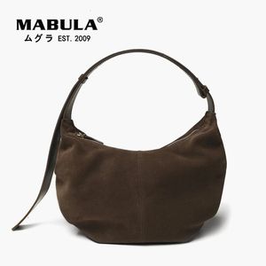 MABULA en cuir véritable daim fourre-tout sacs mode demi-lune femmes sacs à bandoulière marron Vintage femme sacs à main téléphone sacs à main 231226