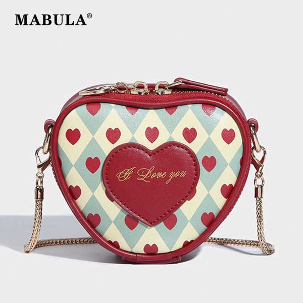 MABULA Retro en forma de corazón mujeres maquillaje bolsa cadena de metal crossbody monedero moda pu cuero honda bolso caja 230317