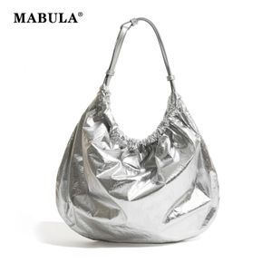 Mabula Unique Silver Woman Tote Handbag Big Half Moon Pu Leather Simple Hobo Sac pour les femmes Y2K ÉLECTEMENT PLAIS PLAIS SAGL