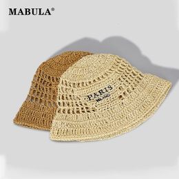 Mabula Wide Brim Women Bucket Hat de cubo de verano Sun Sun Sol de visera Design Luxury Design Hollow Out Fashion Fashion Striped Beach Beach 240429