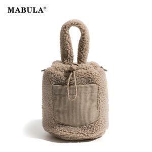 MABULA hiver en peluche seau sac à main en fausse fourrure cordon moelleux sac à bandoulière pour les femmes mode petit mignon kaki poignée supérieure sac à main 240306