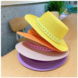 Macaron Color Straw Hat Sun Flat Top Koreaanse modeketen met Acryl Beach Candy 220525