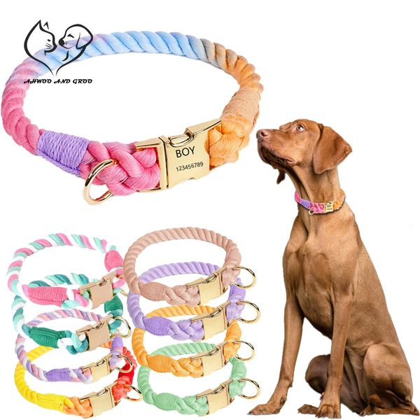 Macaron Collar para perro Cachorro Personalizar Etiqueta de identificación grabada Tejido de algodón arcoíris para suministros para mascotas grandes, medianas y pequeñas Accesorios 240226