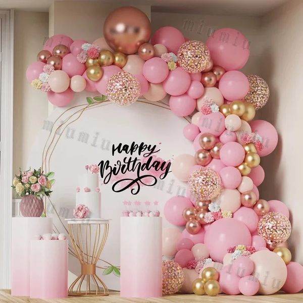 Macaron Rose Ballon Guirlande Arc Kit Enfants Joyeux Anniversaire En Métal Rose Or Confettis Ballons De Noce Baby Shower Décoration 240124