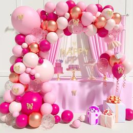 Macaron Rose Ballon Garland Arch Kit Rose Rouge Confettis Latex Ballons À Air Bébé Douche Fille Fête D'anniversaire Décorations De Mariage 240124