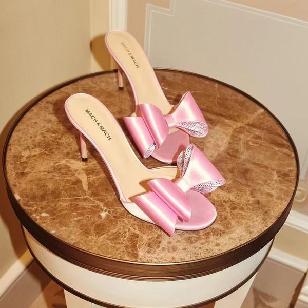 Mach – pantoufles en Satin à talons hauts pour femmes, sandales de luxe de styliste, élégantes, avec nœud, décoration en diamant d'eau, chaussures de fête de mariage