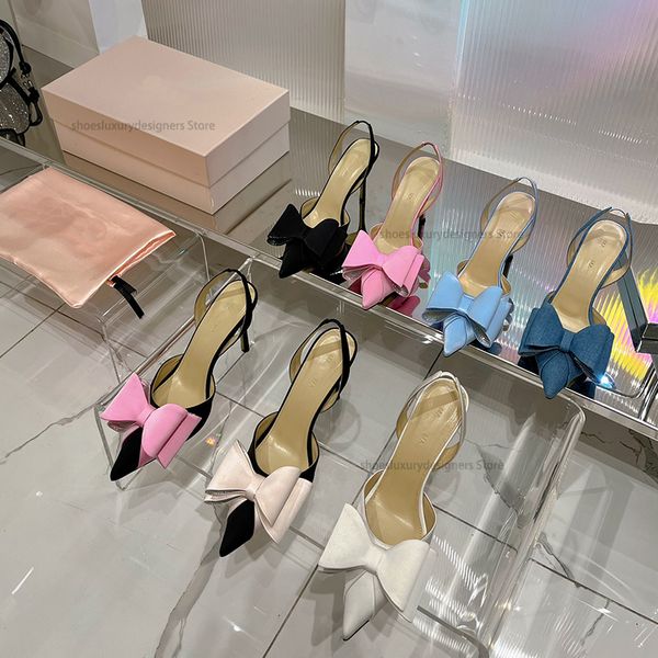 Mach Le Cadeau Zapatos sin cordones con lazo Punta puntiaguda Tacón de aguja Adorno de cristal Zapatos de noche sin cordones Calzado de fábrica de diseñador de lujo para mujer con caja