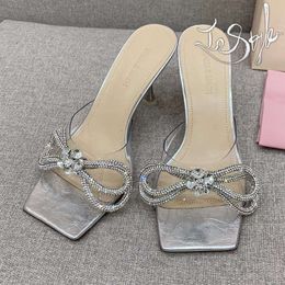 MachMach Slippers 8 cm Designer Hakken Strass Strik Jurk Schoenen Platte Leren Sandalen Elegante Dames Sexy Hakken Klassiek Feest Bruiloft Zilver Maat 35-39