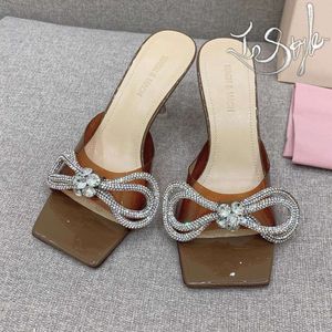 MachMach Slides 8 cm Talons de créateur Strass Bow Robe Chaussures Sandales Plates en Cuir Élégant Femmes Sexy Talons Classique Fête Mariage Marron Taille 35-39