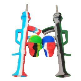 Machine Gun Silicone Nectar Dab Collector 15ml Crâne Cire Conteneur D'huile Portable Avec Pointe En Titane Dab Paille Huile Rigs Tuyau Pour La Cire