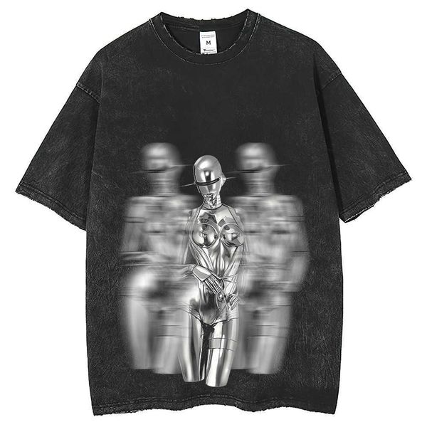 Camiseta de metal a máquina, camiseta de manga corta lavable con borde antiguo, camiseta holgada para hombres y mujeres, tendencia de impresión transpirable