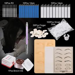 Machine Permanente Make-up Kit Set voor Beginners Oefen Huid Handmatige Pen Pigment Microblading Naalden Tattoo Ring Cups Wenkbrauw Lip Schoonheid