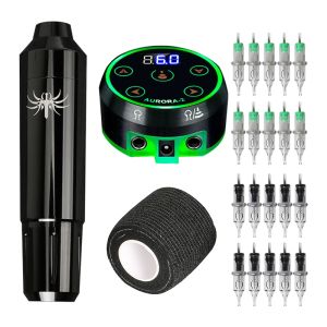 Machine Rotary Tattoo Hine Pen Kit Aurora Alimentation de tatouage avec des aiguilles de cartouche RL / RS de 20 pc pour l'ensemble de tatouage du corps de maquillage permanent