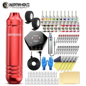 Machine Wormhole Rotary Tattoo Hine Kit pour débutants cartouche cartouche de cartouche avec 20 encres Color Alimentation Tatoo Kit Red