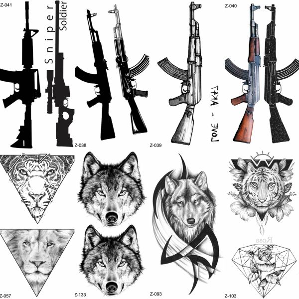 Machine Yuran Black Rifle Gun Tattoo Tattoo Autocollants Femmes Sniper Sélirement Tatoo Ak Akm M4 Soldier Men Falle Tattoo Wolf Totem