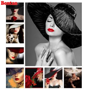 Machines bricolage 5d diamant peinture femme chapeau noir blanc art rouge lèvres rouges pleins carrés rond résili