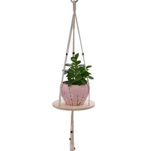 Support de Pot de fleur de cintre de plante de macramé avec la base en bois naturelle cintre de gland de corde de coton blanc support de jardinière recyclé