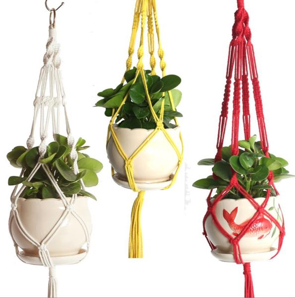 Colgador de plantas de macramé Decoraciones de jardín Cuerda de nylon Colgante de pared Maceta Cesta Interior Exterior Maceta Titular Arte de la pared Decoración del hogar vintage con anillo de metal