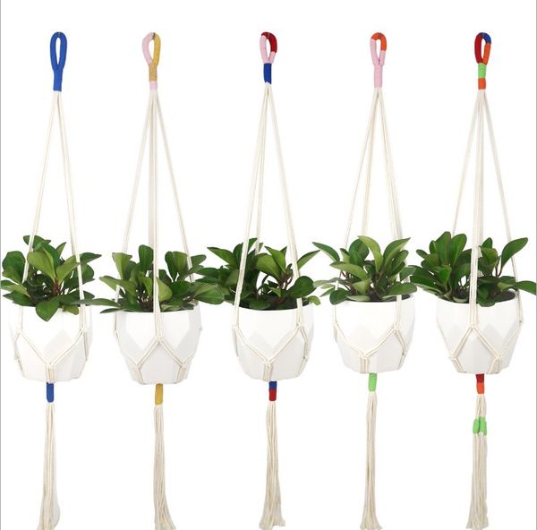 Colgador de plantas de macramé para interior y exterior, maceta colgante, soporte de cesta, cuerda de yute de Color, maceta, decoración del hogar para jardín