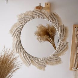 Macrame Ronde Acryl Spiegel Boho Handgeweven Katoenen Touw Muur Overhandigen Woonkamer Slaapkamer Kerst Bruiloft Decor Cadeau 240322