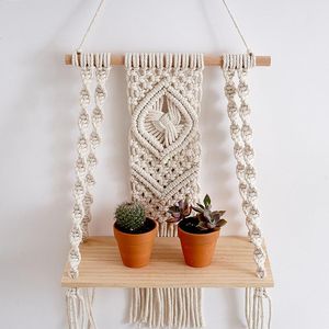 Macrame muurhangende ornamenten boho geweven tapijtopslagplank sappige planten boeken display home decor