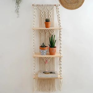 Tapisserie murale suspendue en macramé avec étagère en bois, rideau à pampilles bohème tissé à la main, arrière-plan de mariage, décor Boho 240111