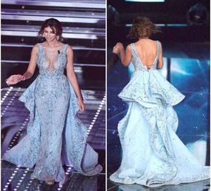 Madalina Ghenea Vestidos de celebridades 2016 Sanremo Sexy cuello transparente Major Beading ALine Vestidos de noche con espalda abierta Lujoso Pagea3188777