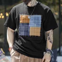 Madden Summer japonais vintage bambou respirant joint 100% coton pur t-shirt carré d'épissure irrégulière à manches courtes courte top 240426