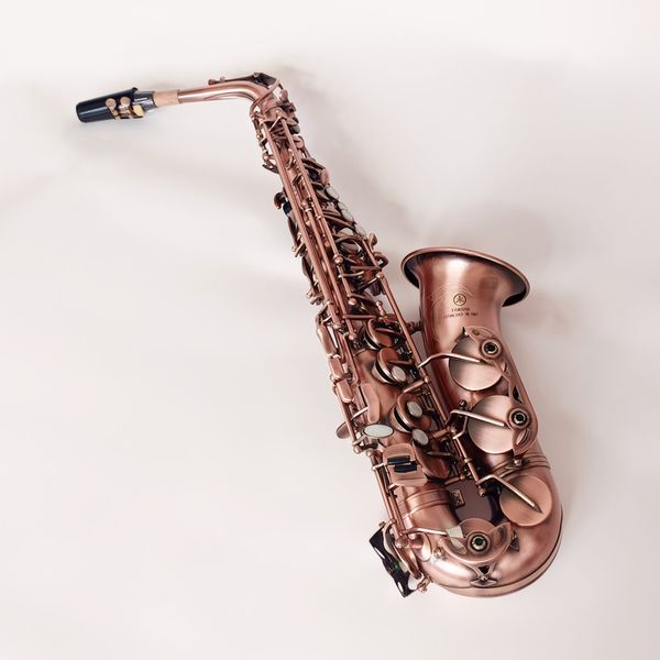 Saxofón Alto profesional con curva de bronce rojo, saxofón Alto plano, patrón tallado con estuche, guantes, correas, cepillo, hecho en Japón