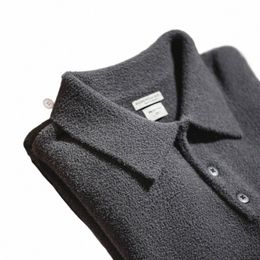 Maden Arctic Fleece Polo Suéter Pesado Faux Mink Lapel Knit Jersey Vintage Warm Jumper Invierno Dark Grey Tops i71w #