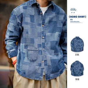 Maden japonais rétro Boro Denim chemises pour hommes Jacquard Patchwork à manches longues chemise boutonnée veste surdimensionnée vêtements d'extérieur de printemps 240122