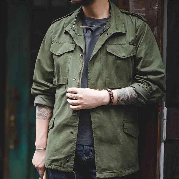 Maden Hommes Veste Blazer Rétro Armée Vert et Bleu Multi-poches M65 Denim Militaire Brodé 210811