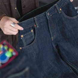 Mijsen Mens 14.8OZ Regelmatige rechte pasvorm Donkerblauw All-match modieuze jeans Japanse retro werkkleding Stijl Raw Selvedge Denim 210331