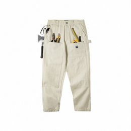 Maden Bolsillos múltiples Jeans blancos Ropa de trabajo holgada vintage Old Fi Diseño funcional Pantalones chinos Pantalones de leñador modificados para hombre X0gz #
