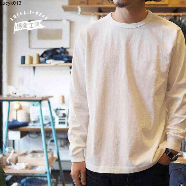 Maden-camisetas lisas de algodón Retro para hombre, camiseta informal Vintage de manga larga, camisa deportiva de Color caramelo