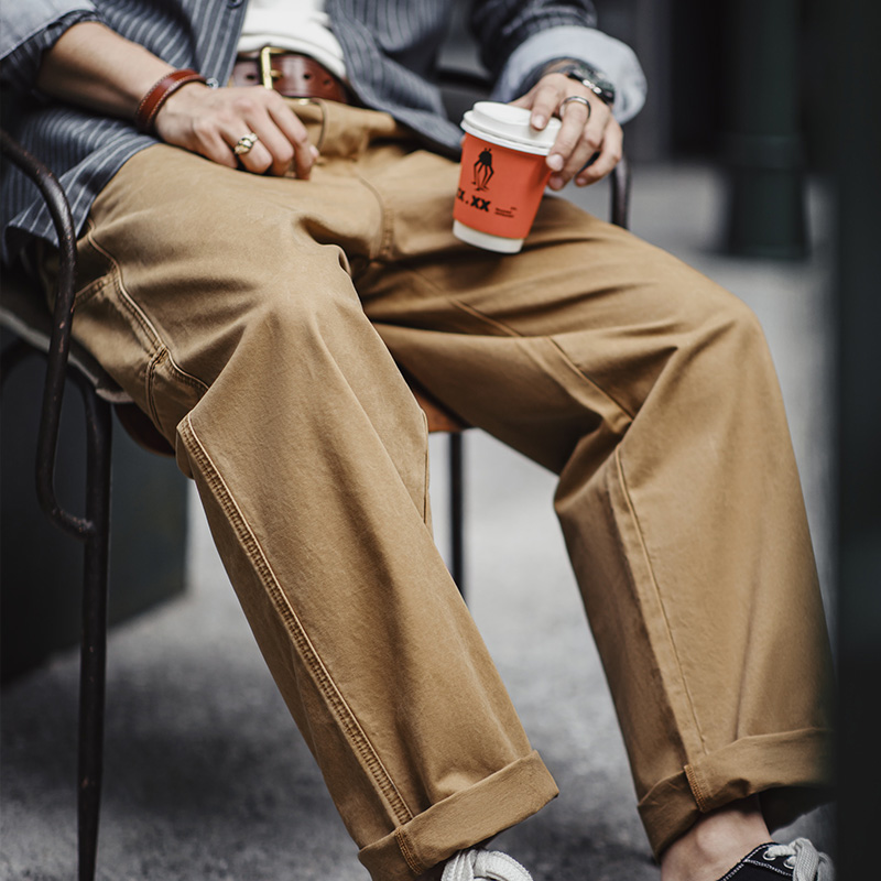 Maden Vintage Casual Pants for Men American Retro Khaki Lumberjack Spodnie luźne szerokie nogi dla mężczyzn