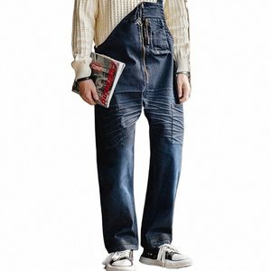 Maden Vintage Indigo Denim Salopette pour Hommes 11,2 Oz Marine Plissé Jeans Combinaisons Froncé Rayé Pantalon Lâche Coupe Droite O5O3 #